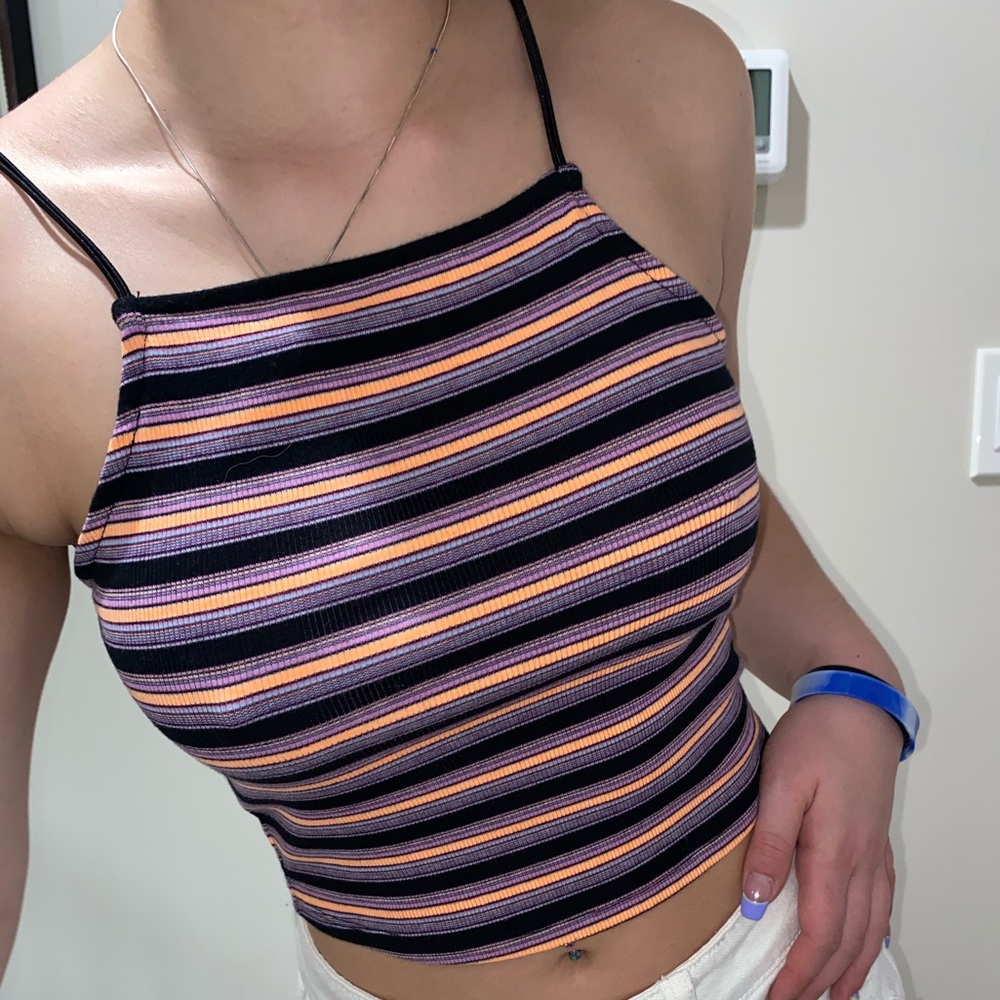 Purple Mulit Colored Striped Cropped Tank Top